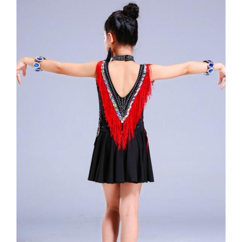 Kids fringes latin dresses competition girls diamond stage performance professional salsa rumba chacha dance dresses